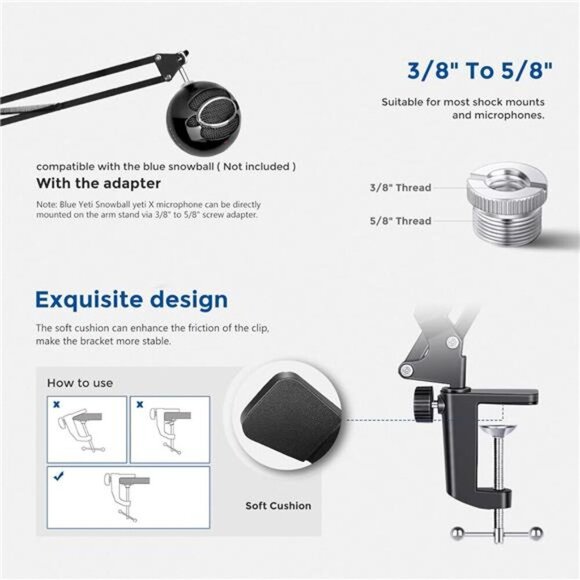 Microphone Arm Stand, Suspension Boom Scissor Mic Arm Stand with 3/8” to 5/8” - Picture 5 of 7